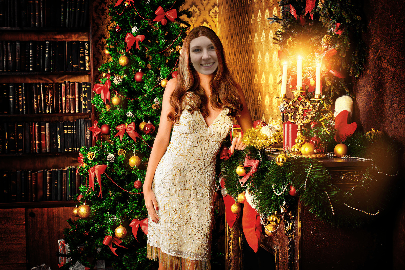 Annalyn Frame christmas scene hot tree candles stockings